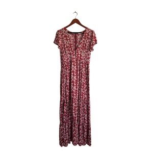 Natural Life Red Floral Maxi Dress Medium V-Neck Tiered Boho  Rayon size M